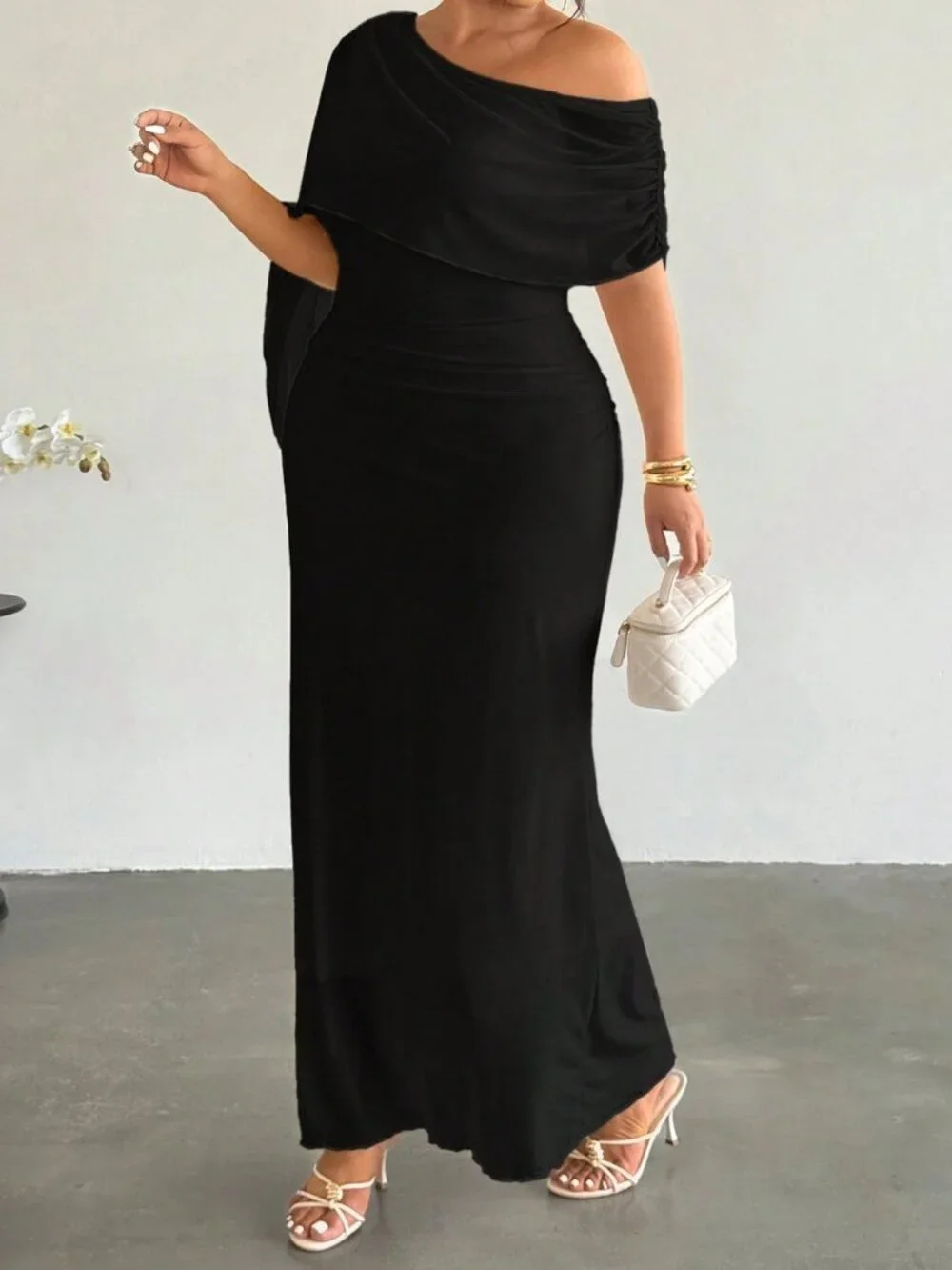 Black Elegant Women's Slim Fit Ruched Asymmetric High Waisted Long Pencil Dress